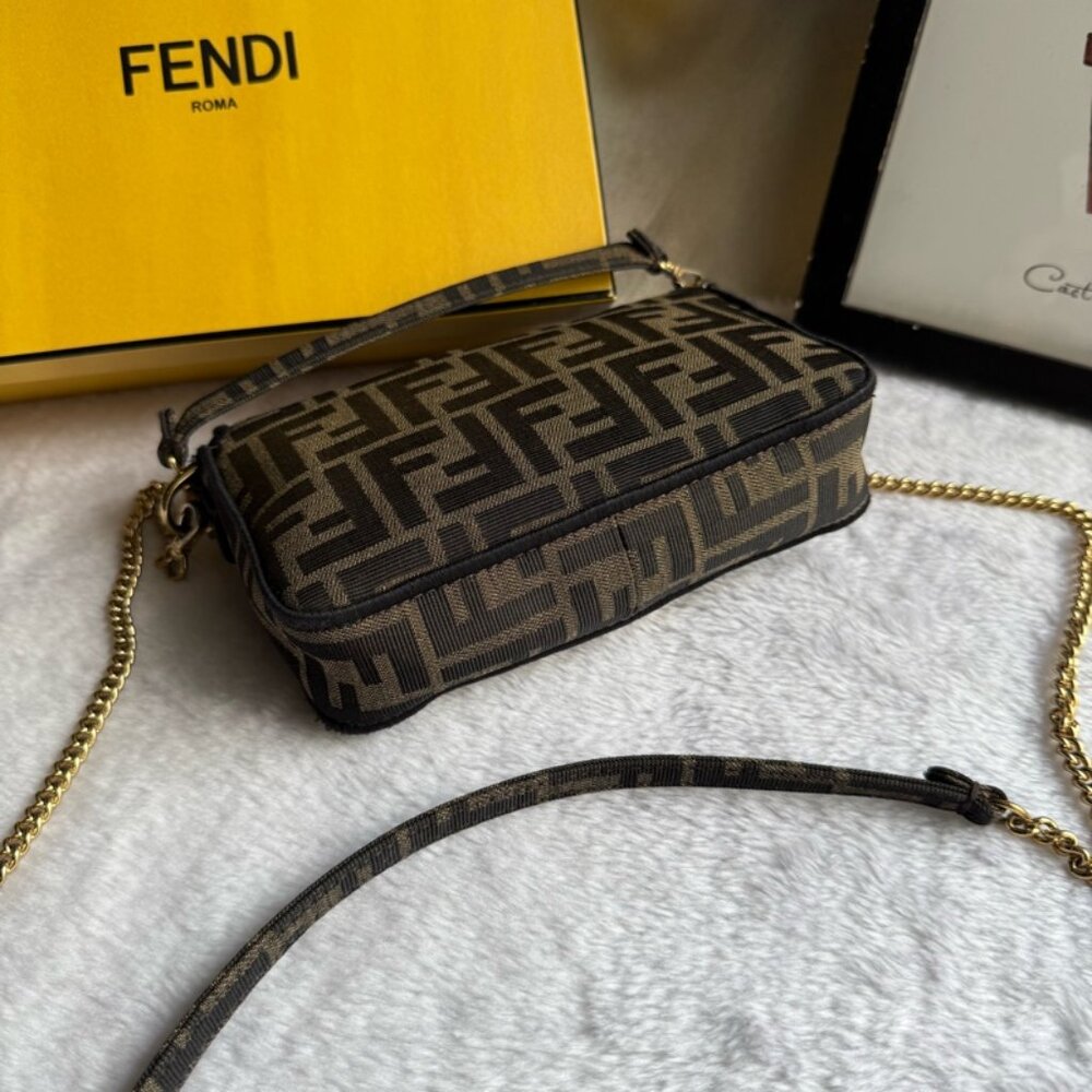 FENDI FF Logo Baguette Mini Bag in Jacquard Fabric (Brown) - Picture 8 of 8